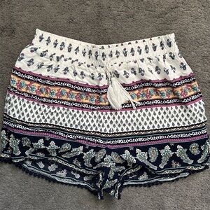Charlotte Russe High Waist White and Blue Bohemian Shorts with Lace Trim